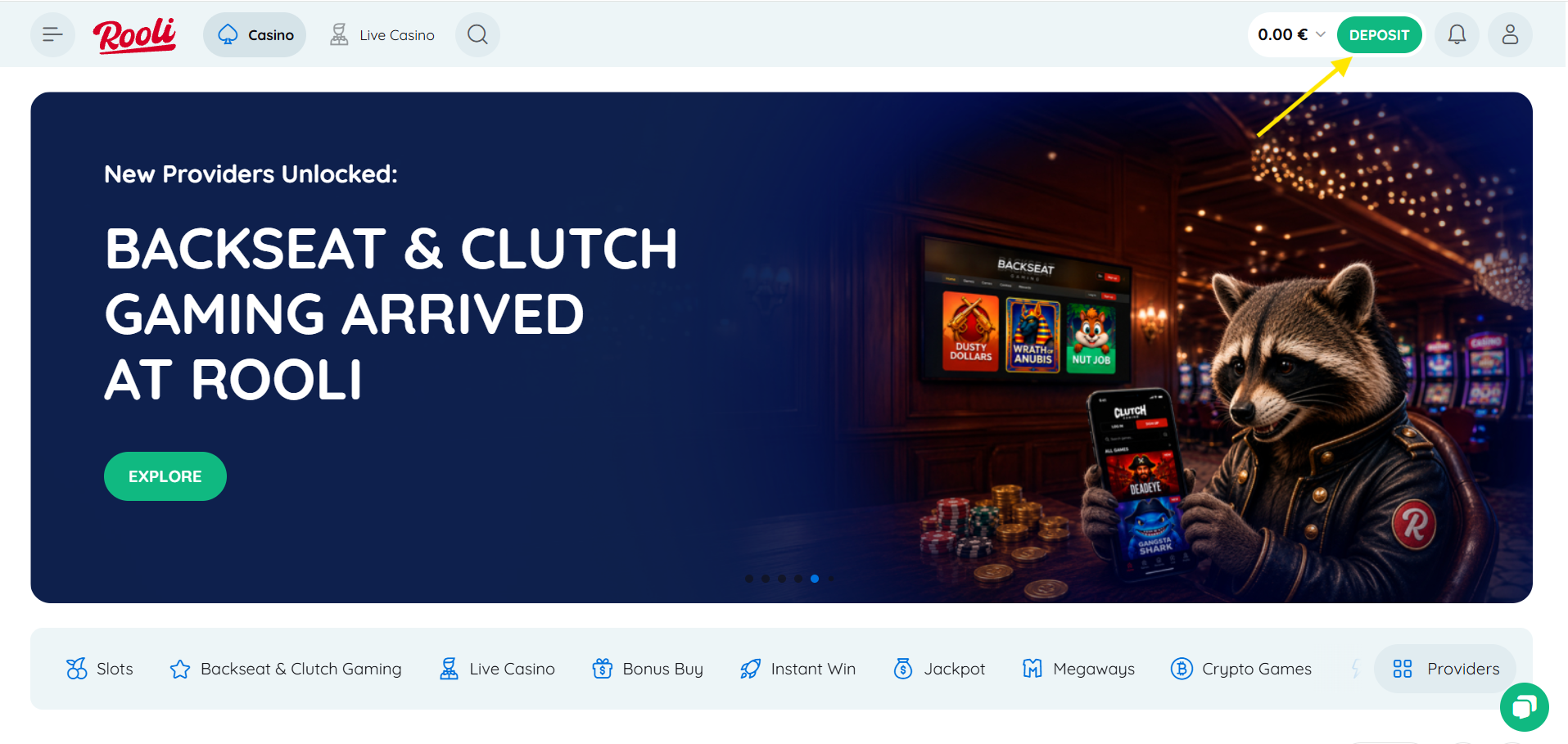 Rooli Casino account showing the cashier or deposit area