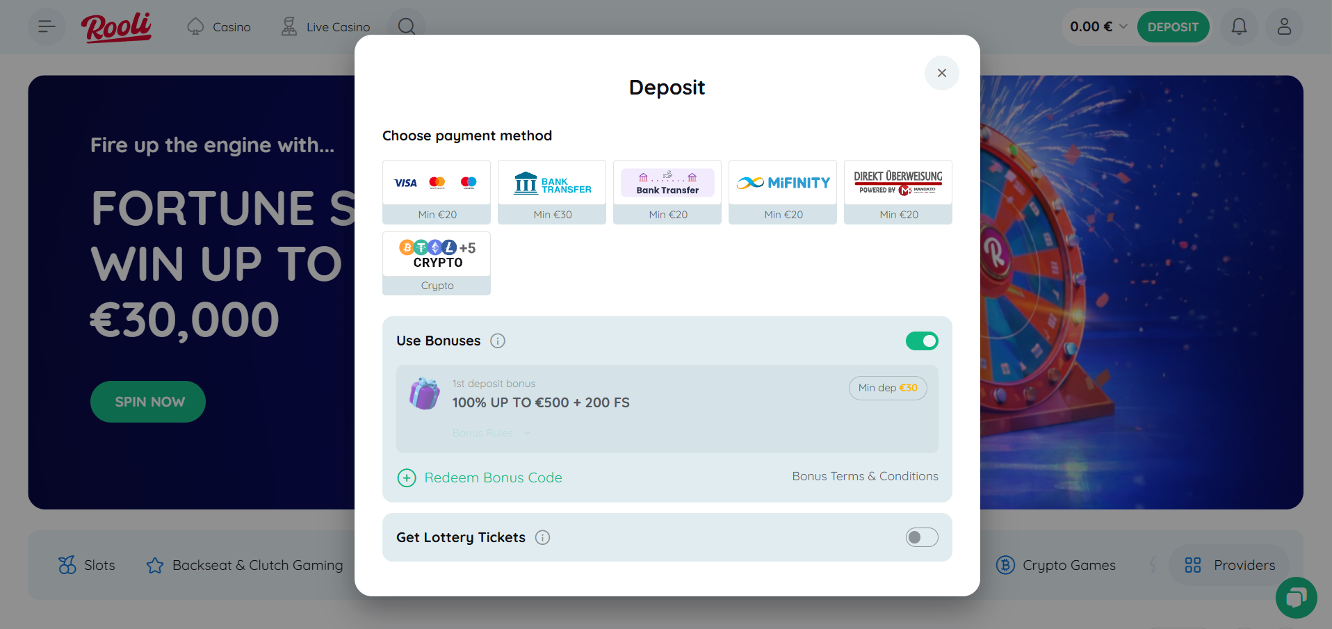 Rooli Casino cashier showing available deposit payment methods