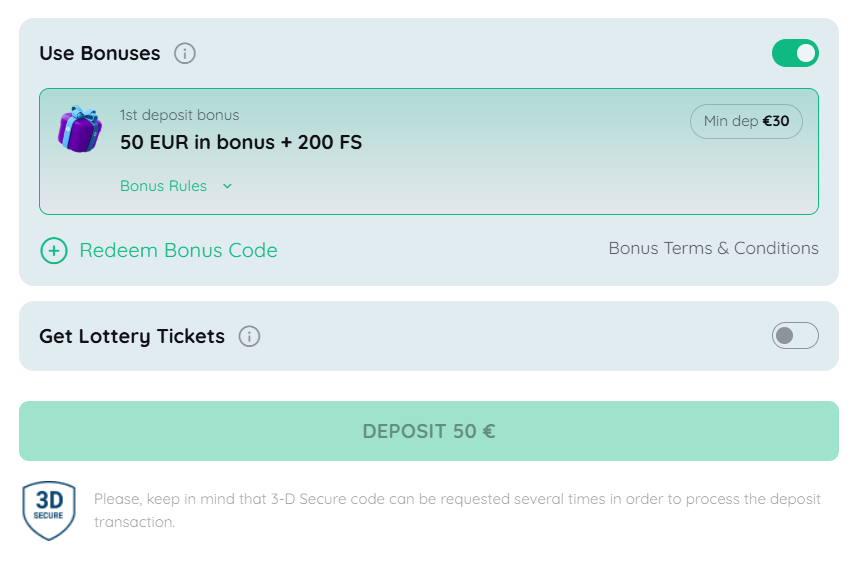 Rooli Casino deposit screen showing amount selection and payment confirmation