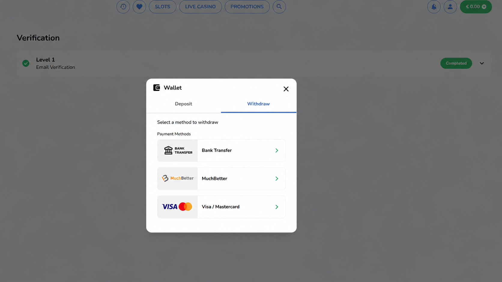 Rooli Casino account showing the cashier or wallet area