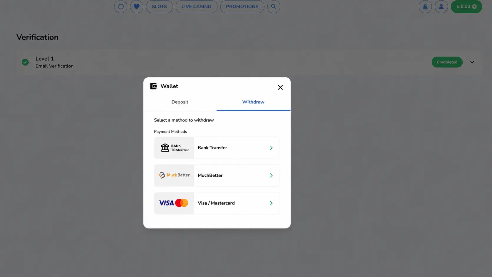 Rooli Casino account showing the cashier or wallet area