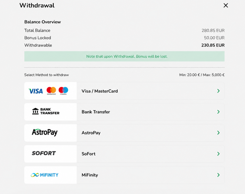 Rooli Casino withdrawal screen showing available payout methods