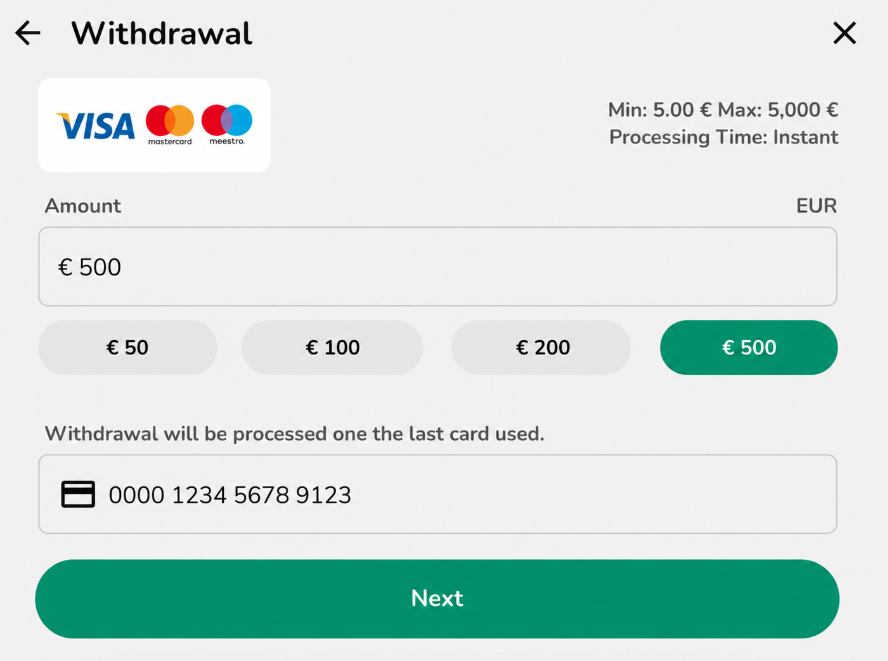 Rooli Casino withdrawal screen showing amount and withdrawal confirmation
